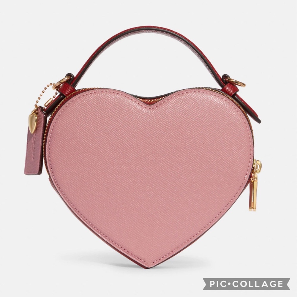 NWT COACH HEART CROSSBODY IN COLORBLOCK LEATHER TOP HANDLE GOLD/TRUE PINK - Picture 2 of 14